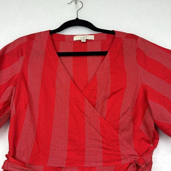 LOFT Petite Red Cotton Striped Wrap Top Sz  LP - Picture 7 of 12